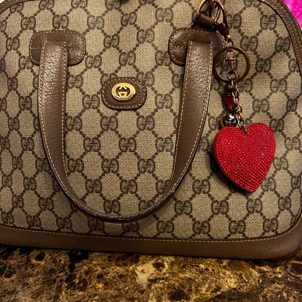 BLING RED HEART BAG CHARM/KEYCHAIN WITH TASSEL & GOLDTONE BALL